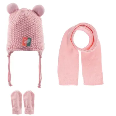 Kitti Kız Bebek Eldiven Atkı Bere Takım Açık Pembe 0-18 Ay