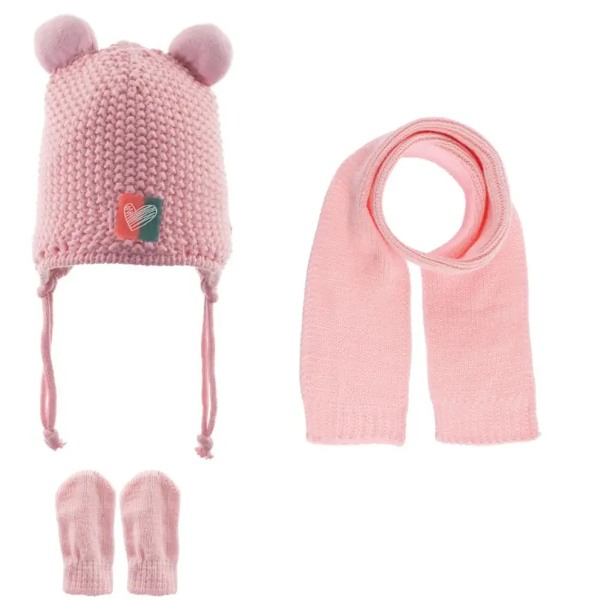 Kitti Kız Bebek Eldiven Atkı Bere Takım Açık Pembe 0-18 Ay  - 1