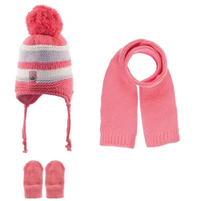 Kitti Kız Bebek Eldiven Atkı Bere Takım Koyu Pembe 