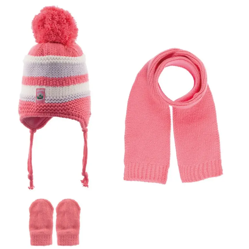 Kitti Kız Bebek Eldiven Atkı Bere Takım Koyu Pembe - 1