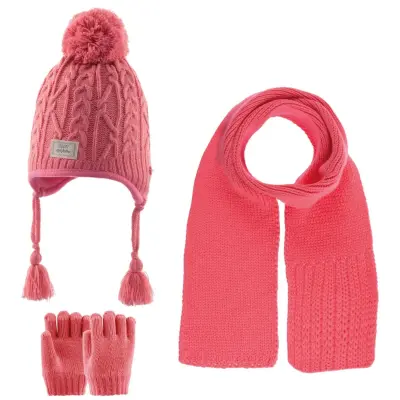 Kitti Kız Bebek Eldiven Atkı Bere Takım Koyu Pembe