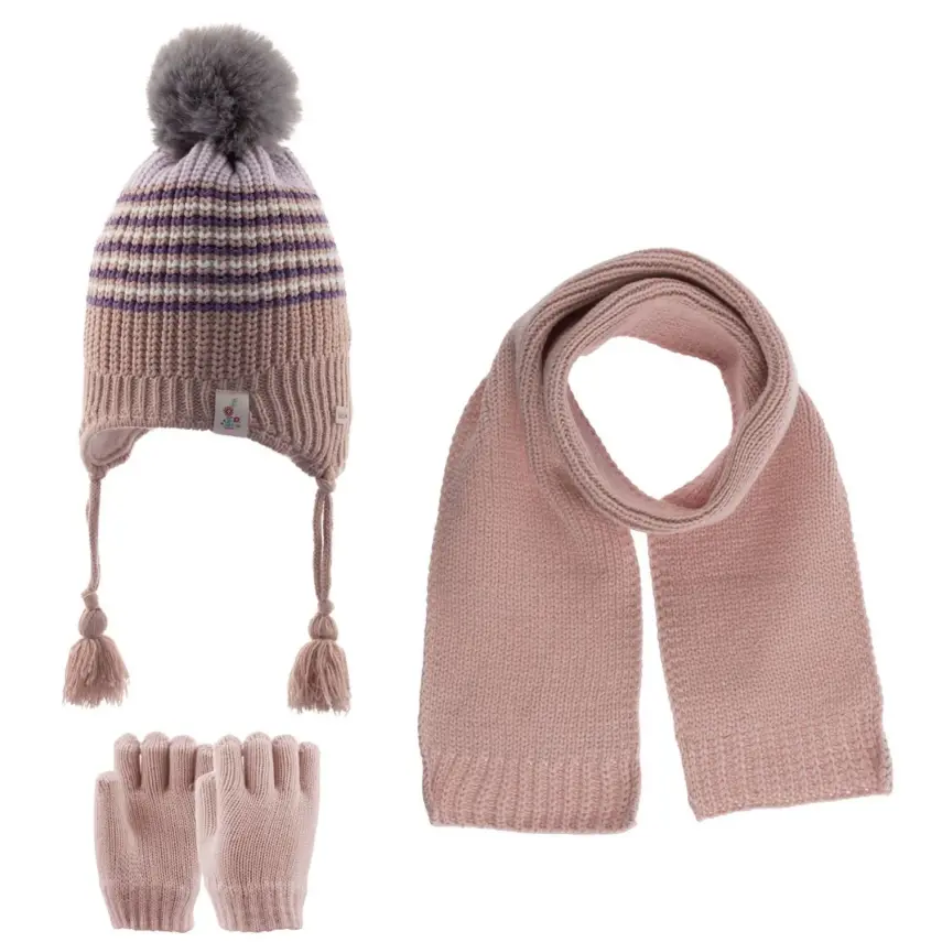 Kitti Kız Bebek Eldiven Atkı Bere Takım Pudra 1-4Yaş  - 2