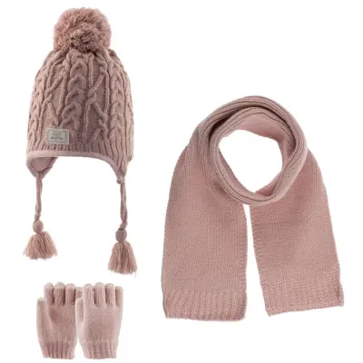 Kitti Kız Bebek Eldiven Atkı Bere Takım Pudra 
