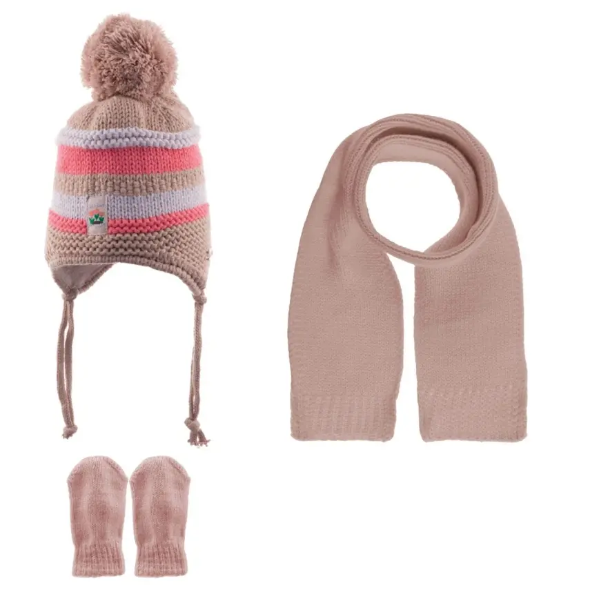 Kitti Kız Bebek Eldiven Atkı Bere Takım Pudra - 1