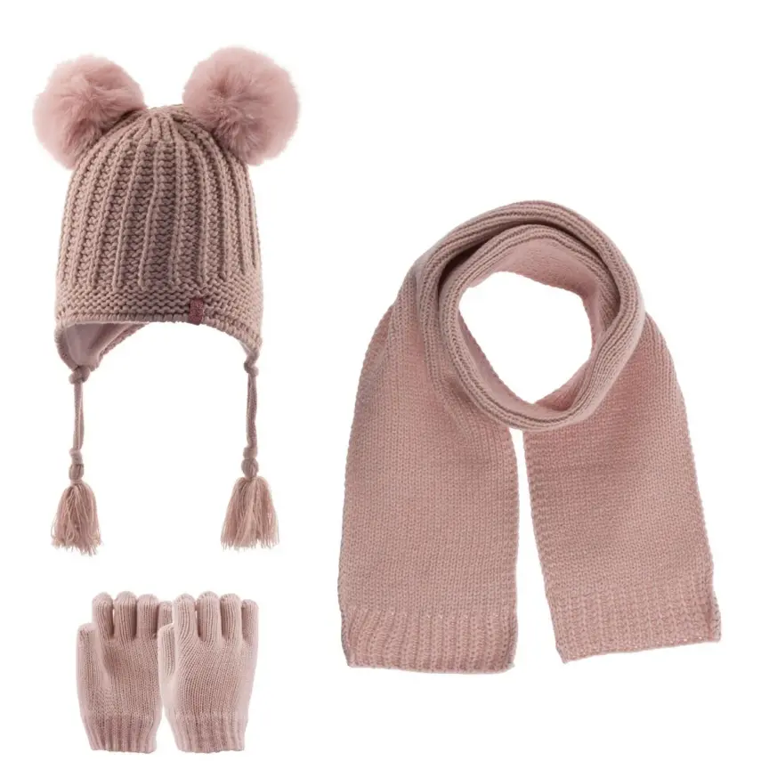 Kitti Kız Bebek Eldiven Atkı Bere Takım Pudra - 1