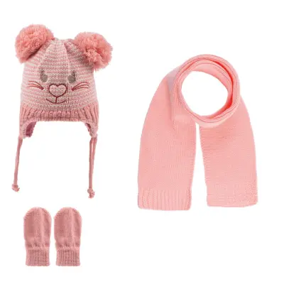 Kitti Kız Bebek Kız Bebek Atkı Bere Eldiven Takım Gül Pembe