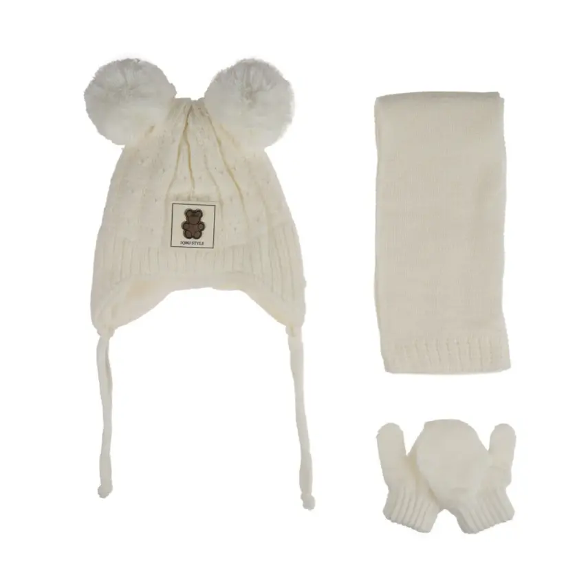 Kitti Kız Çocuk Eldiven Atkı Bere Takım 0-18 Ay Krem - 1