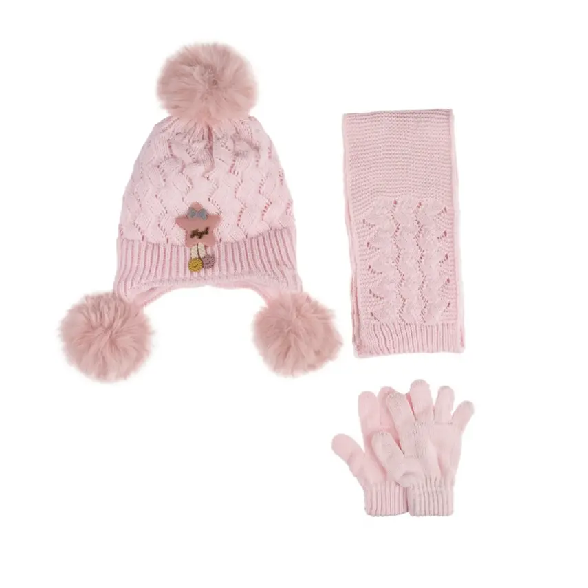 Kitti Kız Çocuk Eldiven Atkı Bere Takım 1-4Yaş Açık Pembe - 1