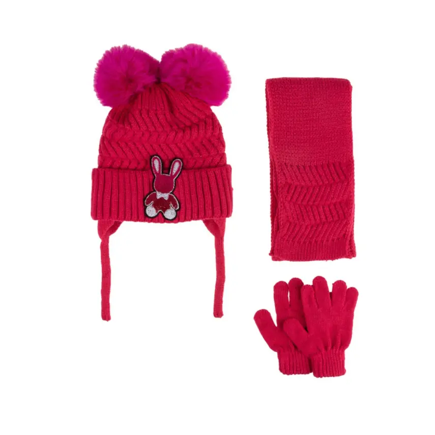 Kitti Kız Çocuk Eldiven Atkı Bere Takım 1-4Yaş Fuşya - 1