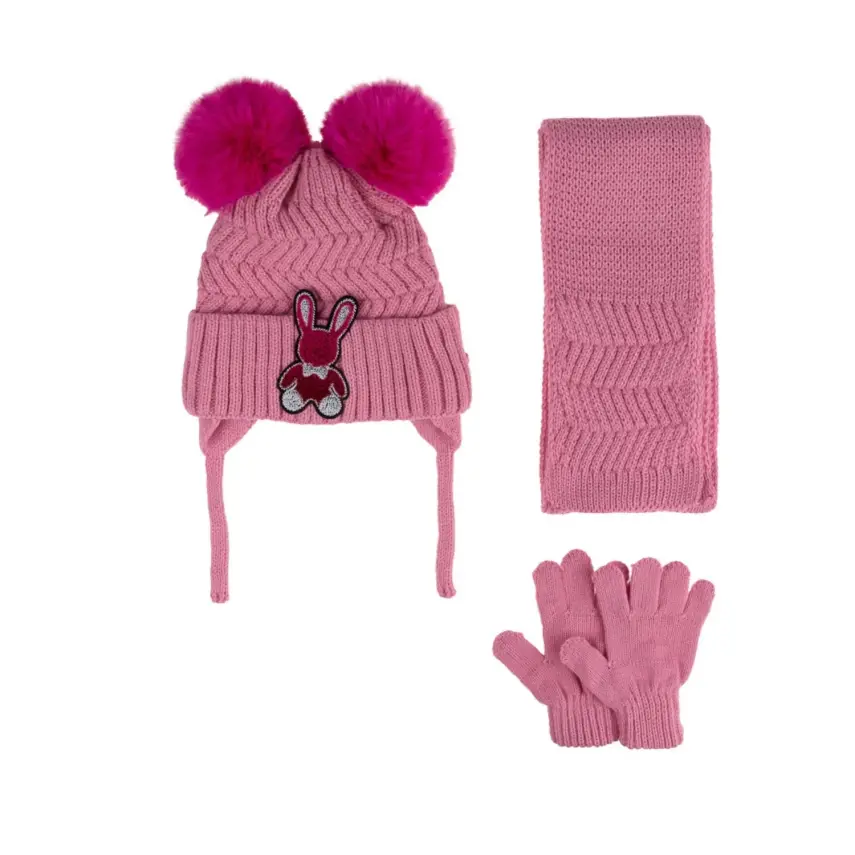 Kitti Kız Çocuk Eldiven Atkı Bere Takım 1-4Yaş Pembe  - 1