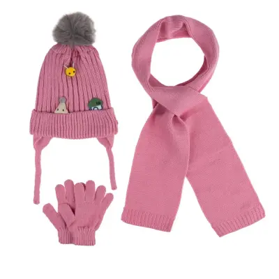 Kitti Kız Çocuk Eldiven Atkı Bere Takım 1-4Yaş Pembe