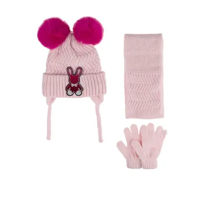 Kitti Kız Çocuk Eldiven Atkı Bere Takım 1-4Yaş Soft Pembe
