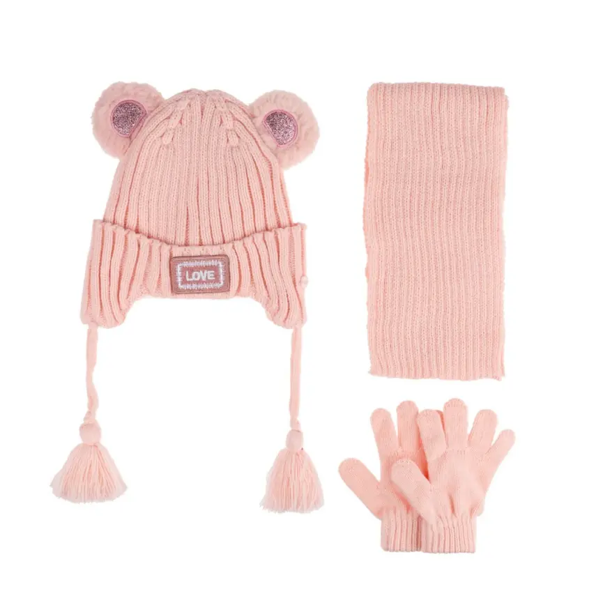 Kitti Kız Çocuk Eldiven Atkı Bere Takım 1-4Yaş Soft Pembe - 1