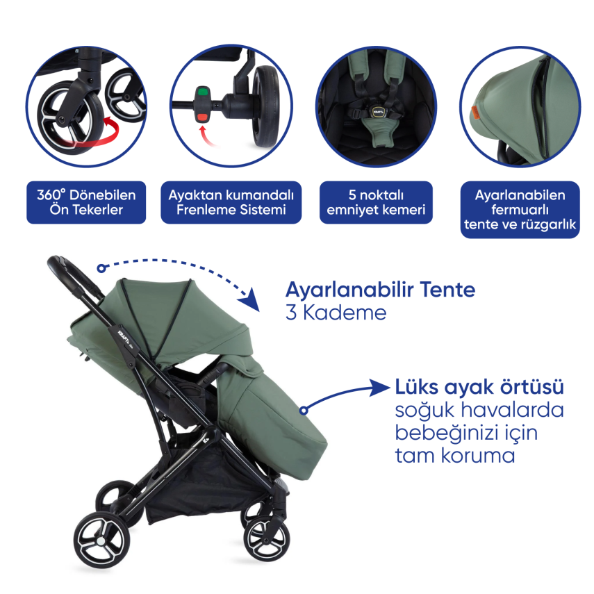 Kraft Viva I-Size Çift Yönlü Tek Elle Katlanabilir Travel Sistem Bebek Arabası Beige - 3
