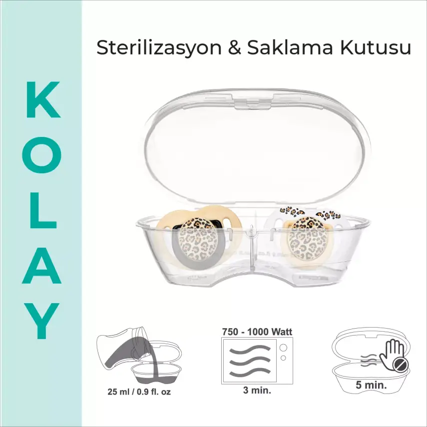 Mamajoo Silikon Emzik 2li & Sterilizasyon Saklama Kutusu 12+ Ay Bej Leopar - 6