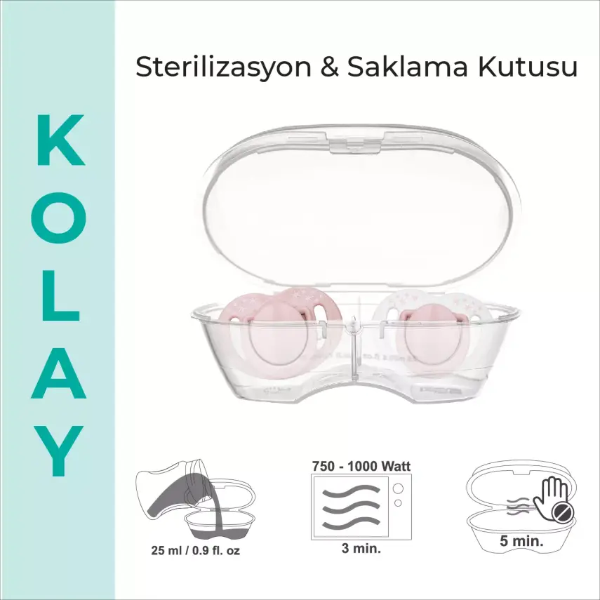Mamajoo Silikon Emzik 2li & Sterilizasyon Saklama Kutusu 12+ Ay Powder Pink - 6