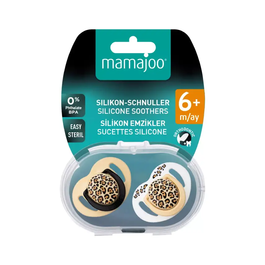 Mamajoo Silikon Emzik 2li & Sterilizasyon Saklama Kutusu 6+ Ay Bej Leopar - 8
