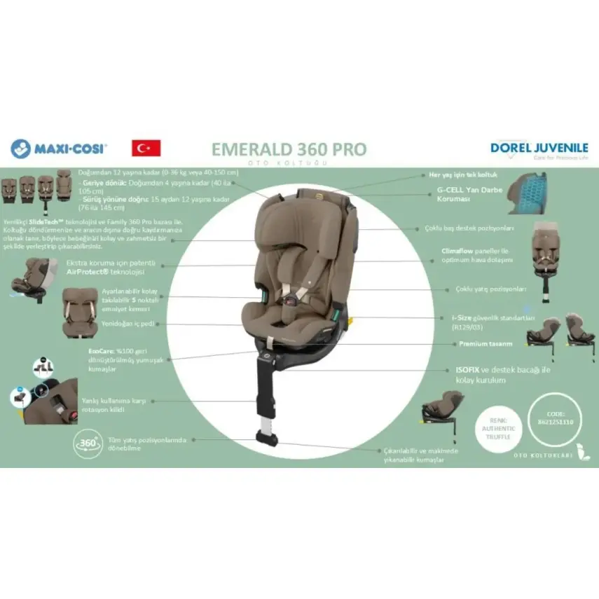 Maxi-Cosi Emerald 360 Pro I-size Araç Dışına Çıkabilen Isofix'li Dönebilir Yatabilir Slidetech Oto Koltuğu 0-36 Kg Authentic Blue - 11