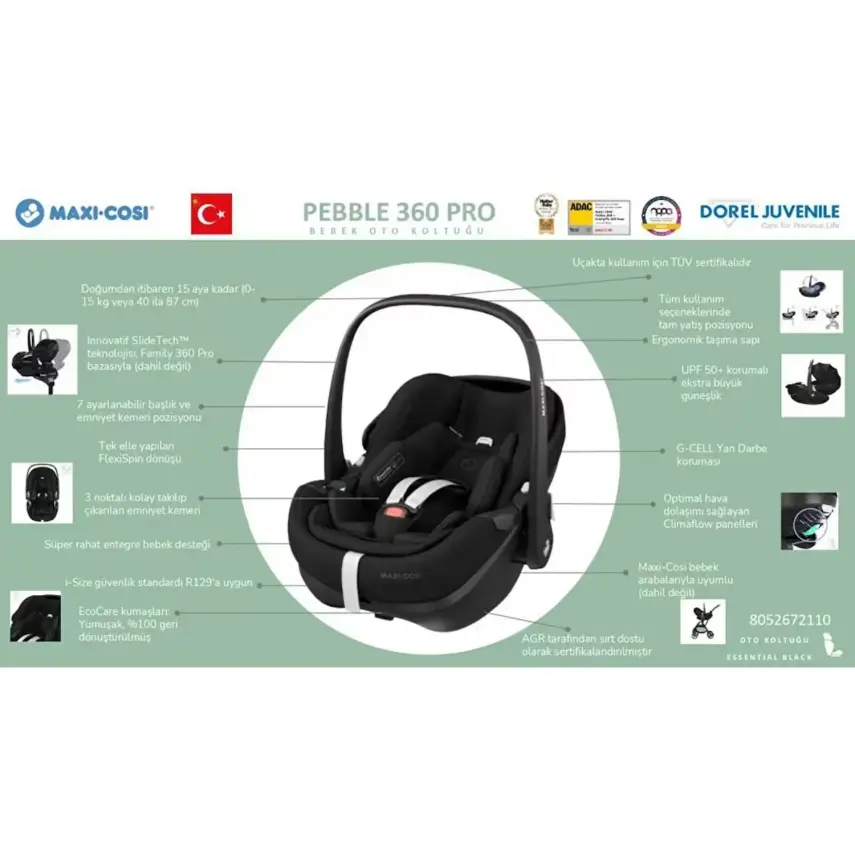 Maxi Cosi Pebble SlideTech Tam Yatabilen 360° Dönebilen Oto Koltuğu 0-13 Kg Twillic Green - 4