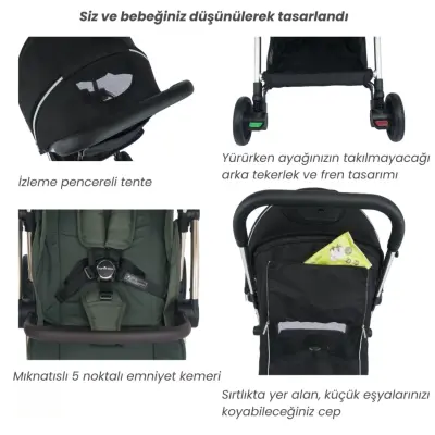 Merkür Bebe Ruby Tek Tuşla Otomatik Katlanan Kabin Boy Bebek Arabası Yeşil - 6