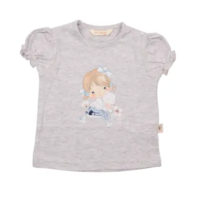 Mini Damla Çocuk T-Shirt Kedili Kız Gri Melanj - 1