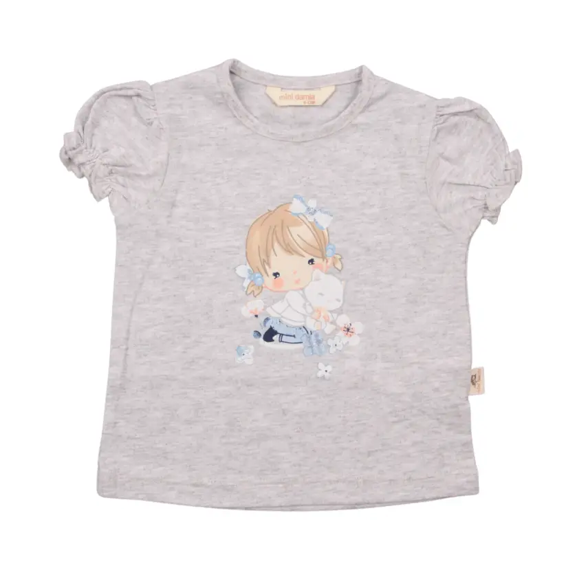 Mini Damla Çocuk T-Shirt Kedili Kız Gri Melanj - 1