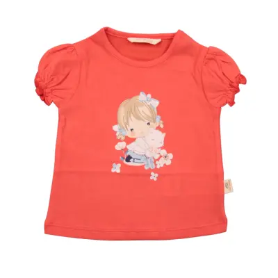 Mini Damla Çocuk T-Shirt Kedili Kız Nar Çiçeği - 3