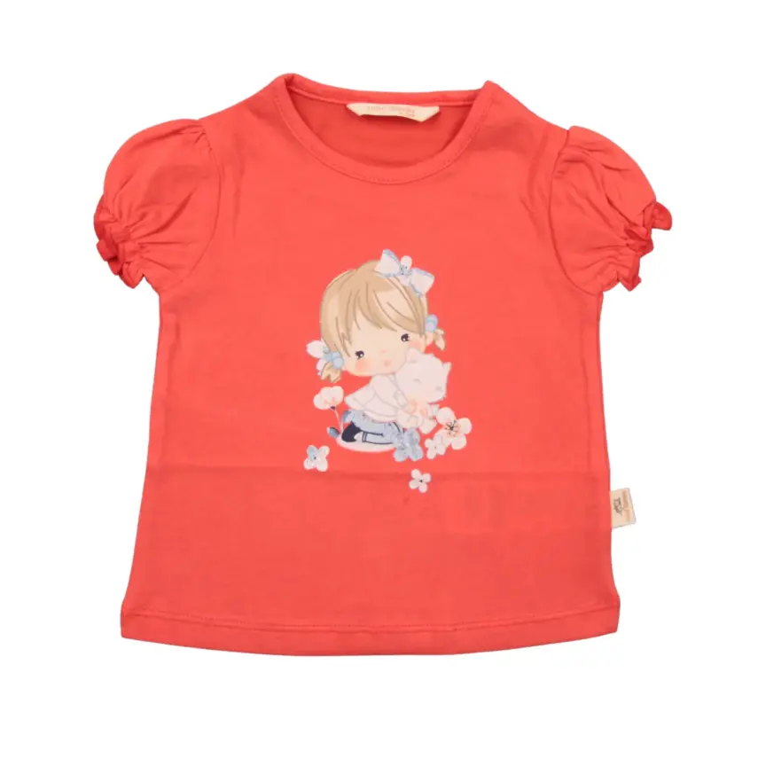 Mini Damla Çocuk T-Shirt Kedili Kız Nar Çiçeği - 3