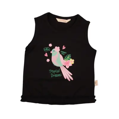 Mini Damla T-Shirt Kolsuz Tropikal Siyah