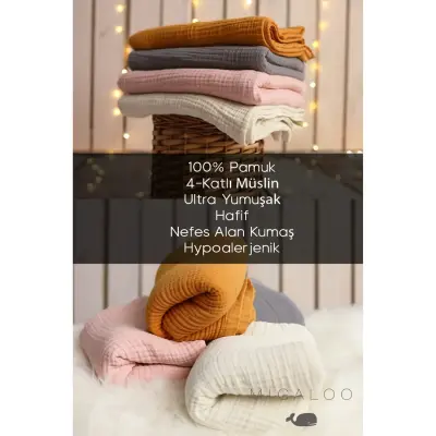 Mixi Baby Migaloo Dört Katlı Çok Amaçlı %100 Pamuklu Bebek Çocuk Müslin Örtü 90x120 cm Gri (1)