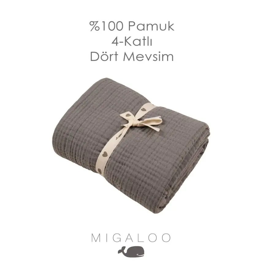 Mixi Baby Migaloo Dört Katlı Çok Amaçlı %100 Pamuklu Bebek Çocuk Müslin Örtü 90x120 cm Gri - 4