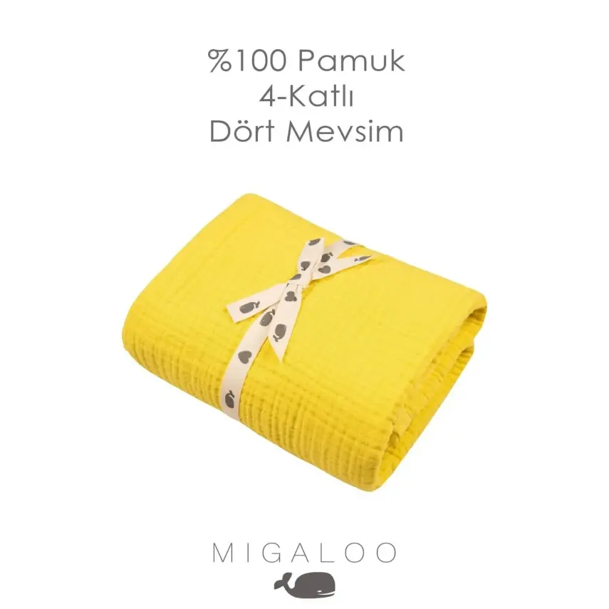Mixi Baby Migaloo Dört Katlı Çok Amaçlı %100 Pamuklu Bebek Çocuk Müslin Örtü 90X120 Cm Hardal - 4