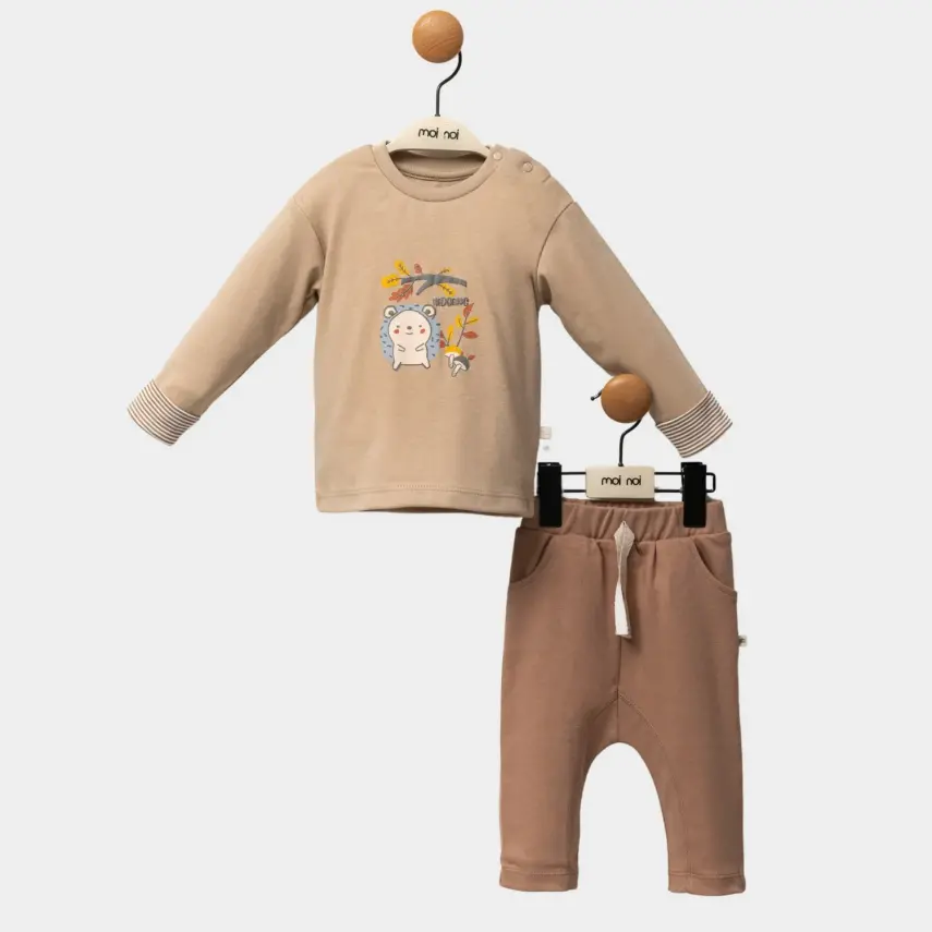 Moi No Kirpi Deseli Erkek Bebek 2li Takım Sütlü Kahve - 1
