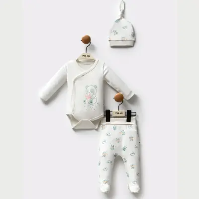Moi Noi Panda Desenli Şapkalı Unisex Bebek Organik Zıbın Takımı