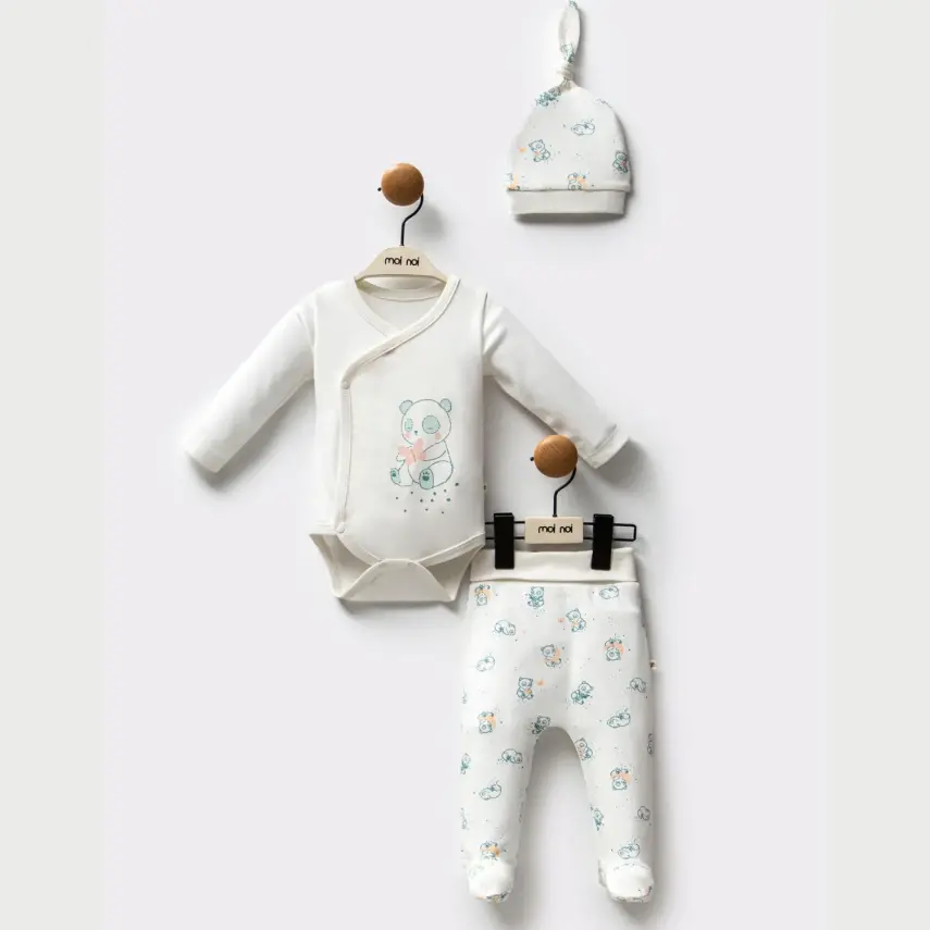 Moi Noi Panda Desenli Şapkalı Unisex Bebek Organik Zıbın Takımı - 1