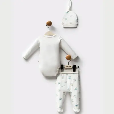 Moi Noi Panda Desenli Şapkalı Unisex Bebek Organik Zıbın Takımı (1)