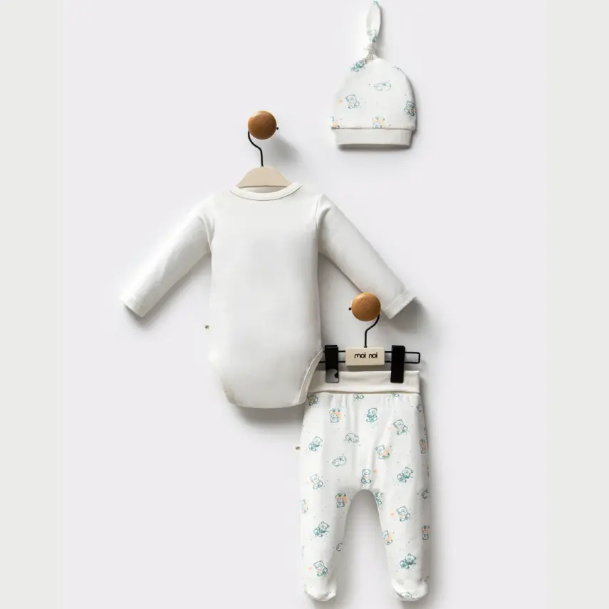 Moi Noi Panda Desenli Şapkalı Unisex Bebek Organik Zıbın Takımı - 2