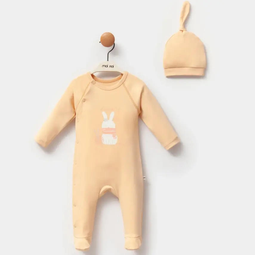 Moi Noi Şapkalı Bebek Tulum Sütlü Kahve Unisex - 1