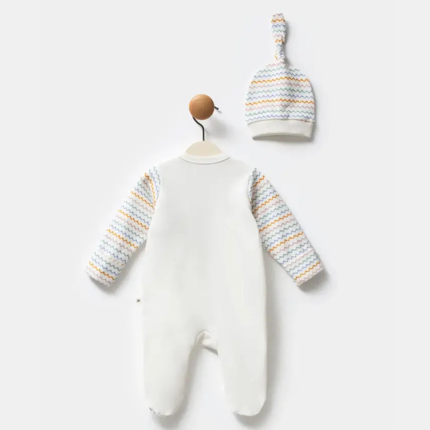 Moi Noi Şapkalı Bebek Tulum Zigzag Desenli Ekru Unisex - 2