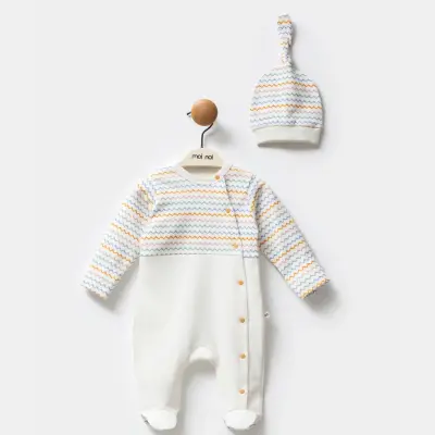Moi Noi Şapkalı Bebek Tulum Zigzag Desenli Ekru Unisex