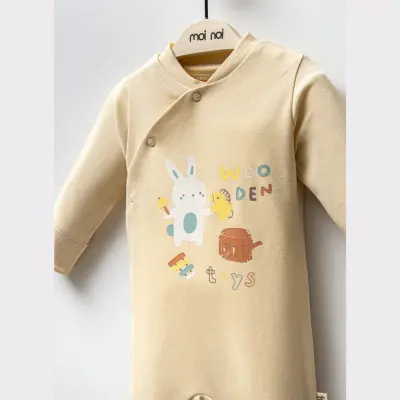 Moi Noi Unisex Bebek Organik Tavşan Baskılı Tulum Bej - 3