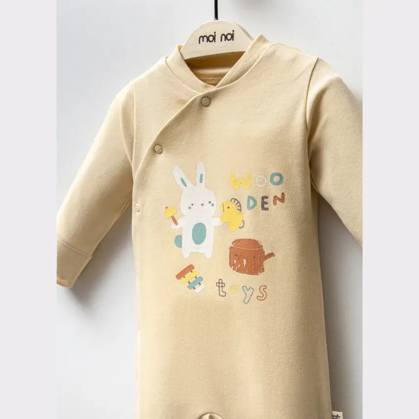Moi Noi Unisex Bebek Organik Tavşan Baskılı Tulum Bej - 3
