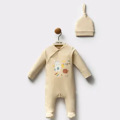 Moi Noi Unisex Bebek Organik Tavşan Baskılı Tulum Bej