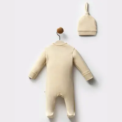 Moi Noi Unisex Bebek Organik Tavşan Baskılı Tulum Bej (1)