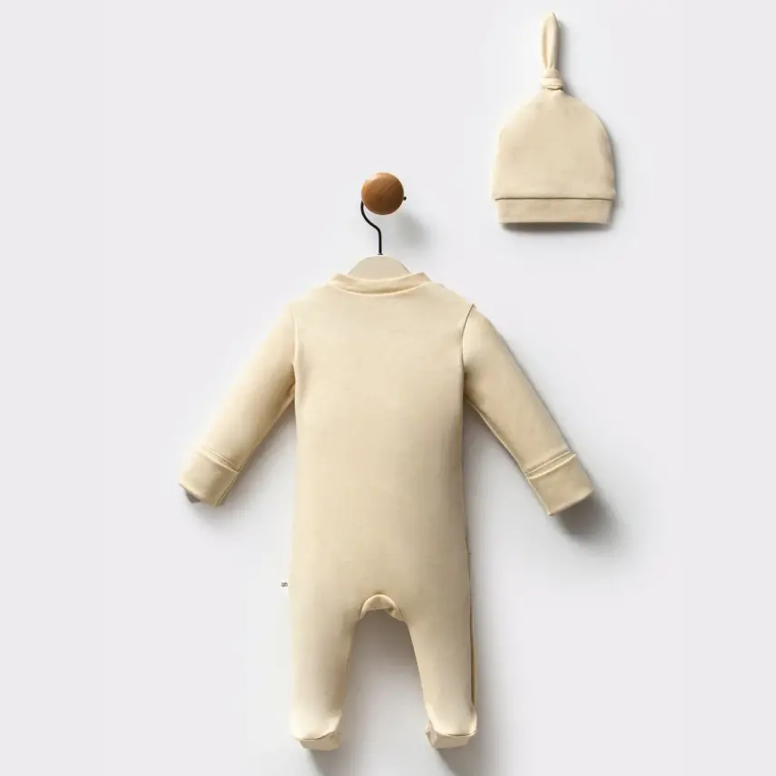 Moi Noi Unisex Bebek Organik Tavşan Baskılı Tulum Bej - 2