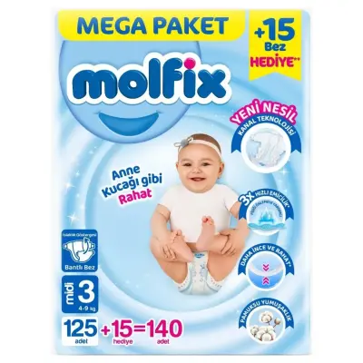 Molfix Bebek Bezi 3 Beden Midi 4-9 Kg 140lı Mega Paket 