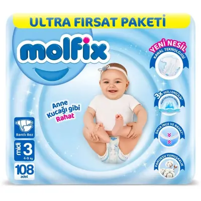 Molfix Bebek Bezi 3D 3 Beden Midi 4-9 Kg 108li Ultra Fırsat Paketi - 4