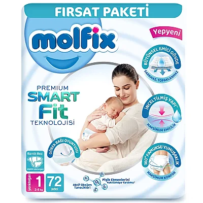 Molfix Premium Smart Fit Bebek Bezi  1 Beden Yenidoğan 72li Fırsat Paketi