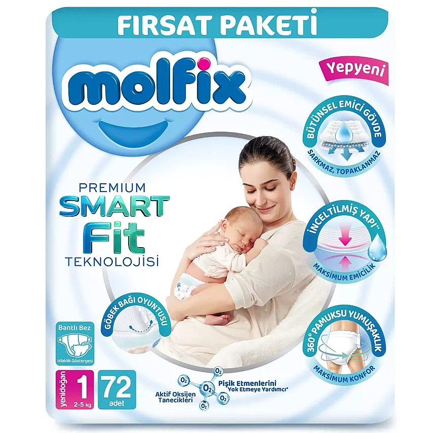 Molfix Premium Smart Fit Bebek Bezi  1 Beden Yenidoğan 72li Fırsat Paketi - 1