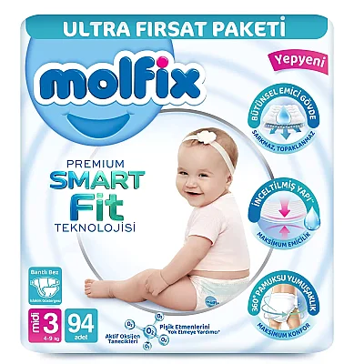 Molfix Premium Smart Fit Bebek Bezi  3 Beden Midi 94lü Ultra Fırsat Paketi 